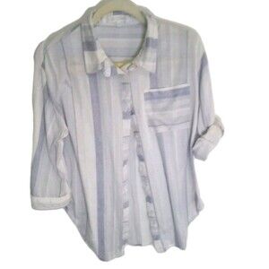 Women's Large Eden & Olivia Roll Sleeve Button Blouse Blue And White Coastal